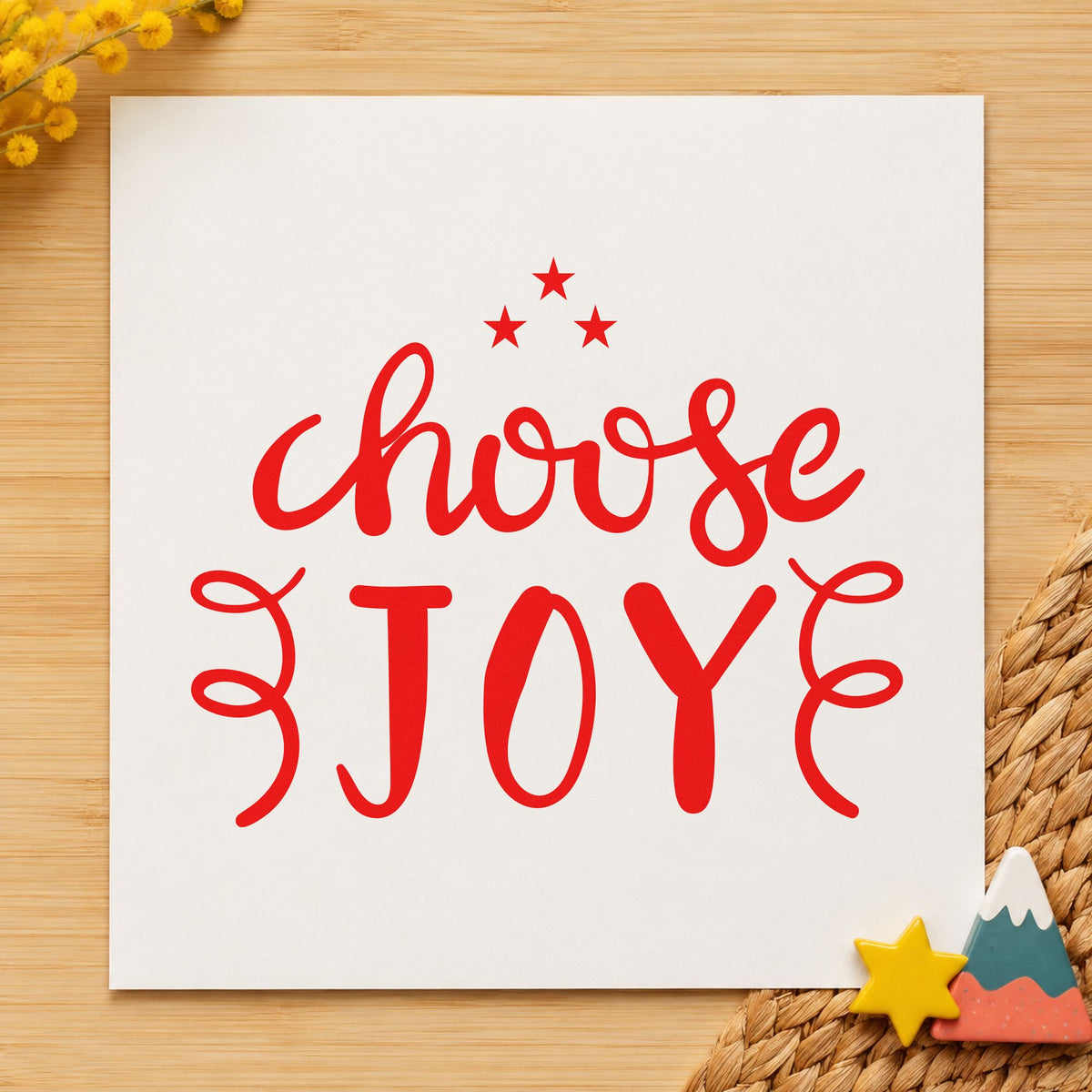 Choose Joy Stars Flourishes rubber stamp shown in red ink, stamped for projects such as pen cup labels.