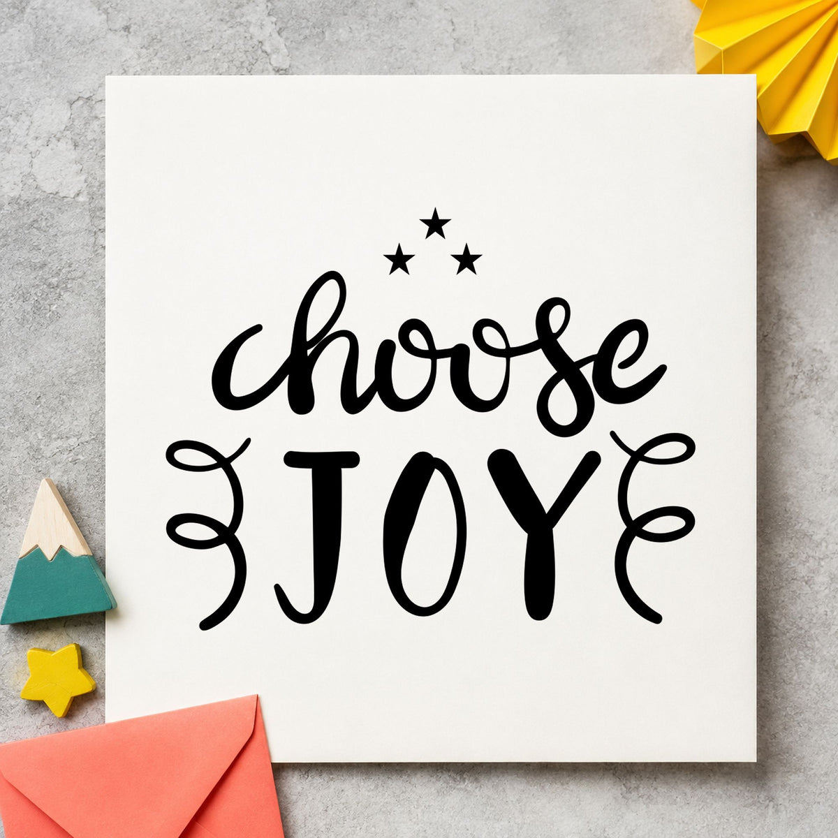 Choose Joy Stars Flourishes rubber stamp printed in black ink, ready for three stars cards and similar paper crafts.