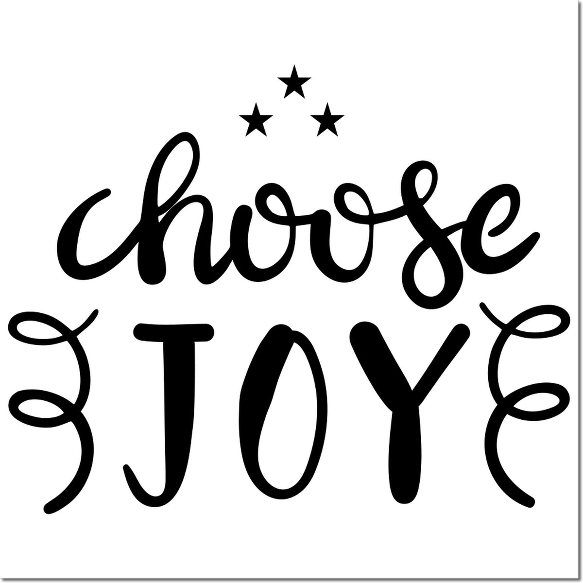 Black Choose Joy stamp and seal design with three stars on a white background.
