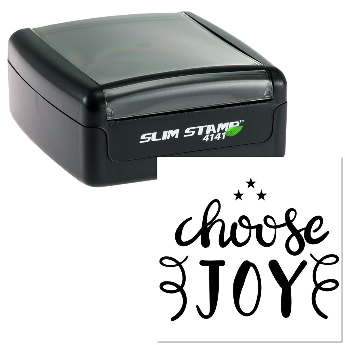 Black slim self-inking stamp with gray translucent lid and white seal design reading choose STJOE with stars.