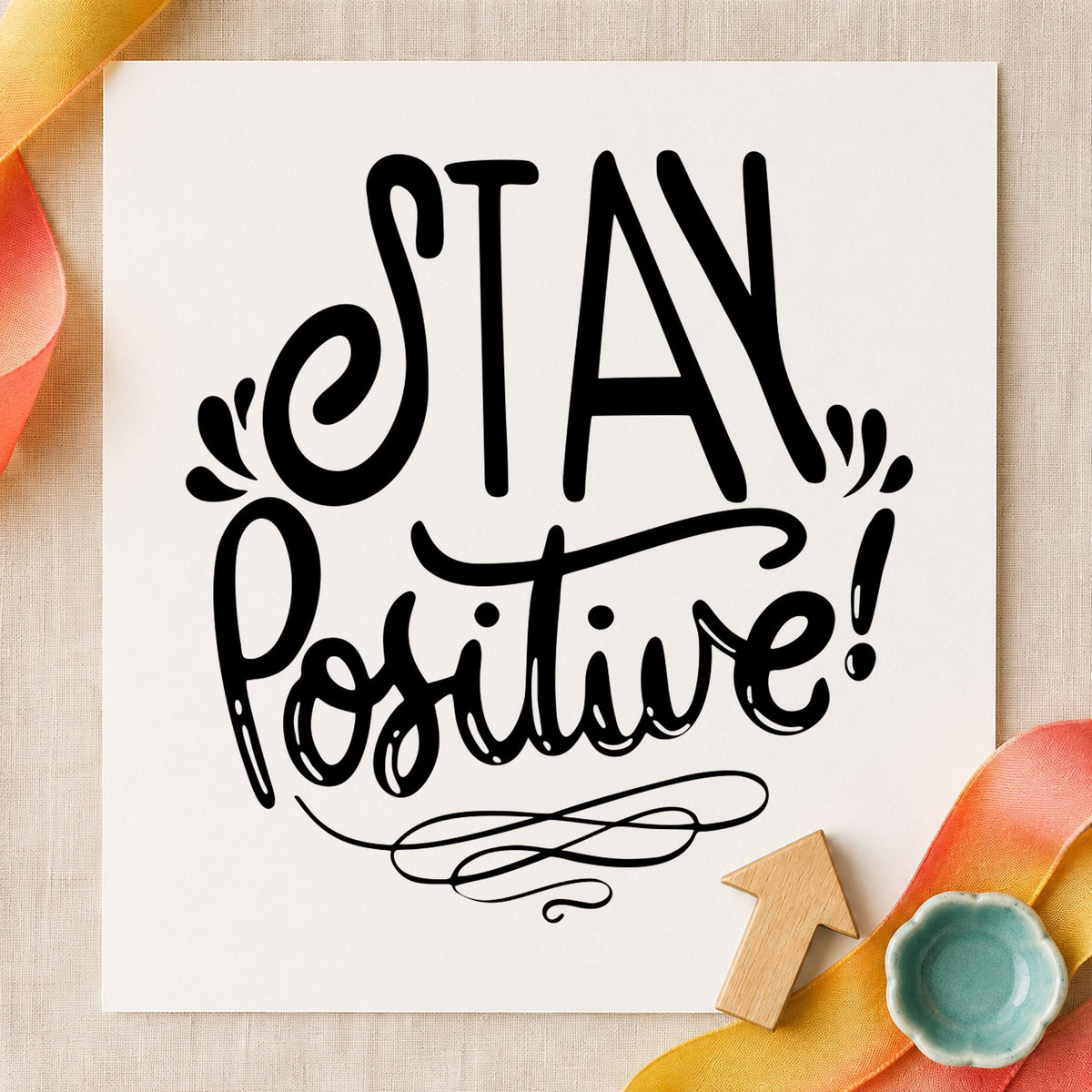 Stay Positive Decorative Script craft stamp in black ink on cardstock, an easy option for season album page.