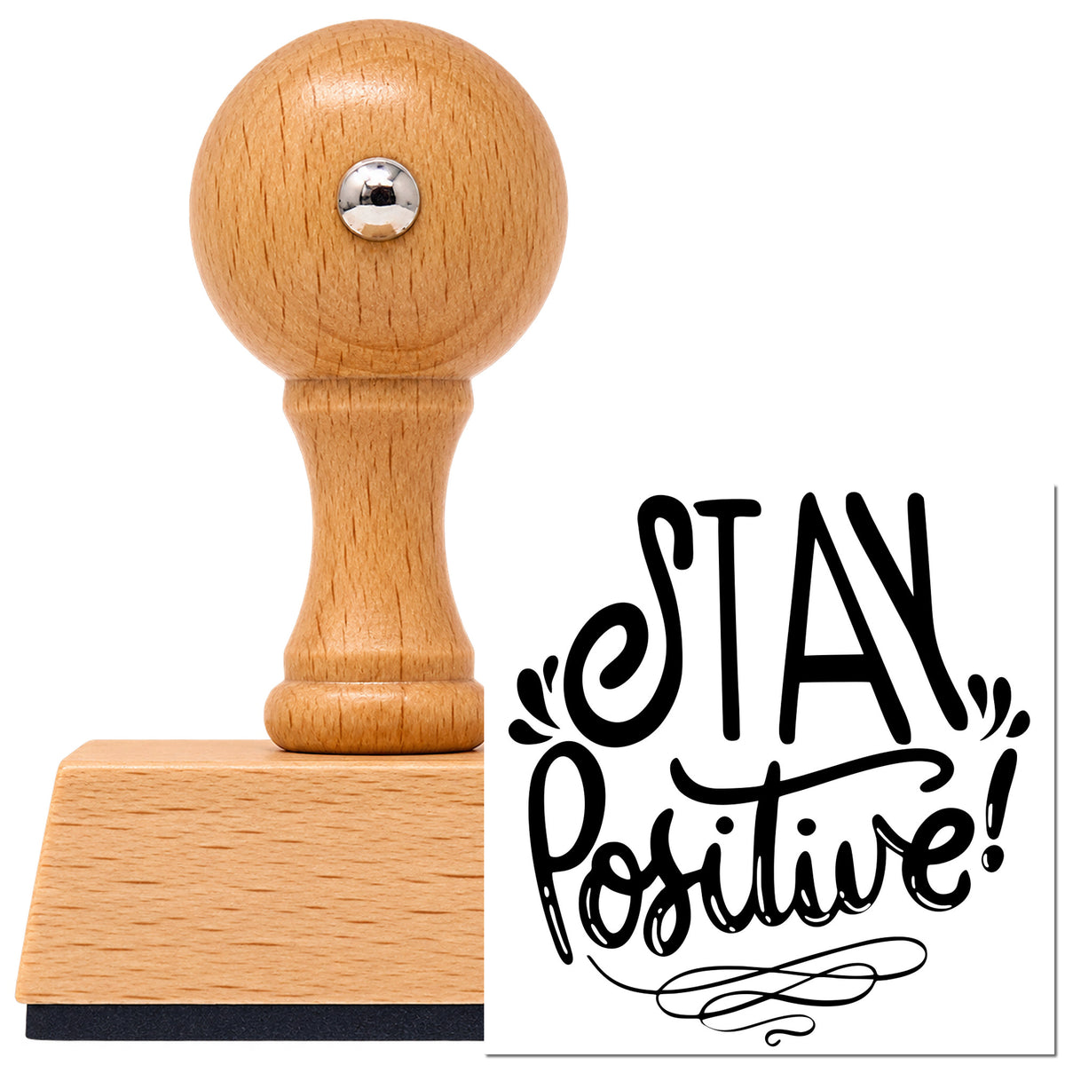 Vintage Pro beech wood stamp with a round knob handle, shown with its black Stay Positive! imprint on white.