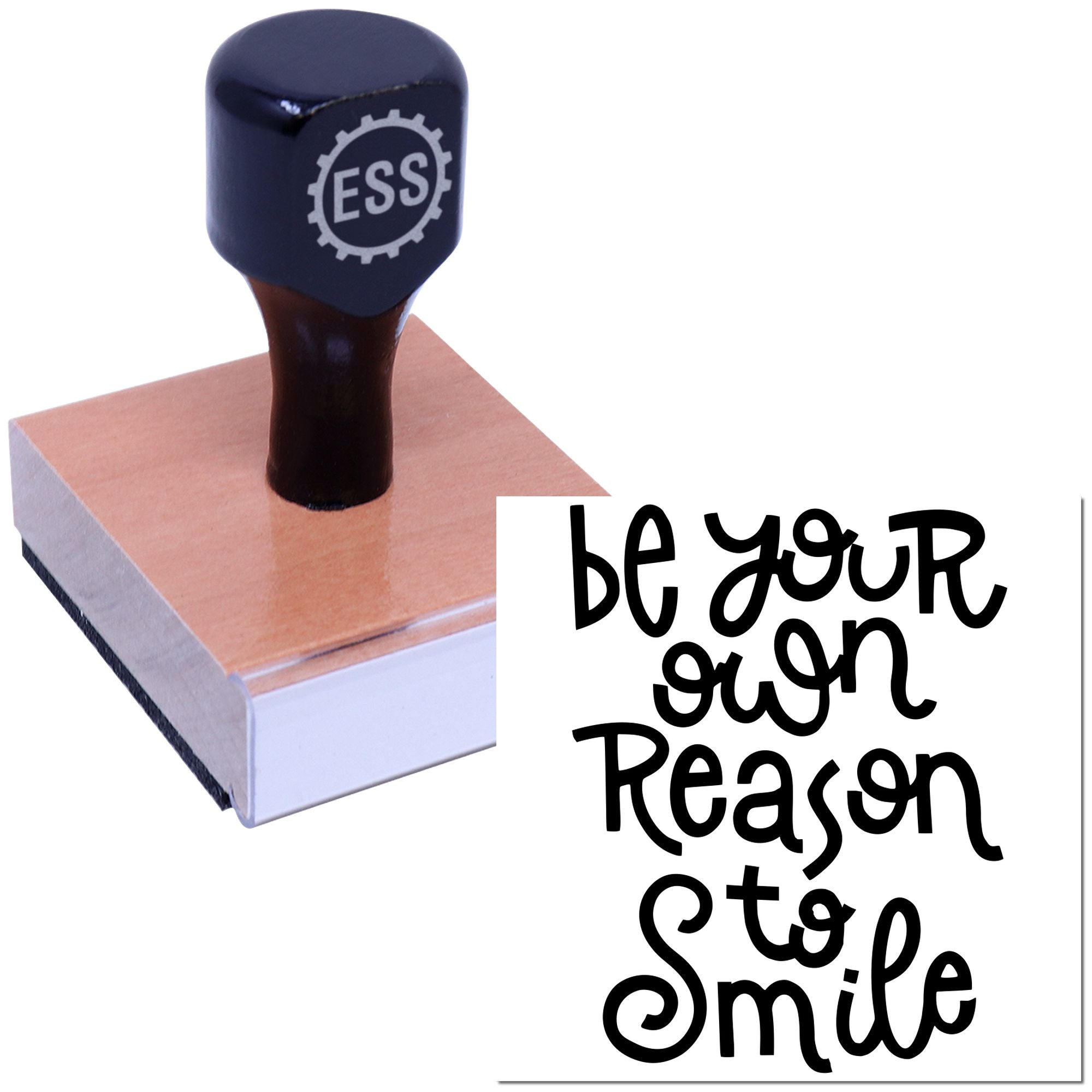 Black ESS stamp and seal on a pink block with bold black be your own reason to smile text.