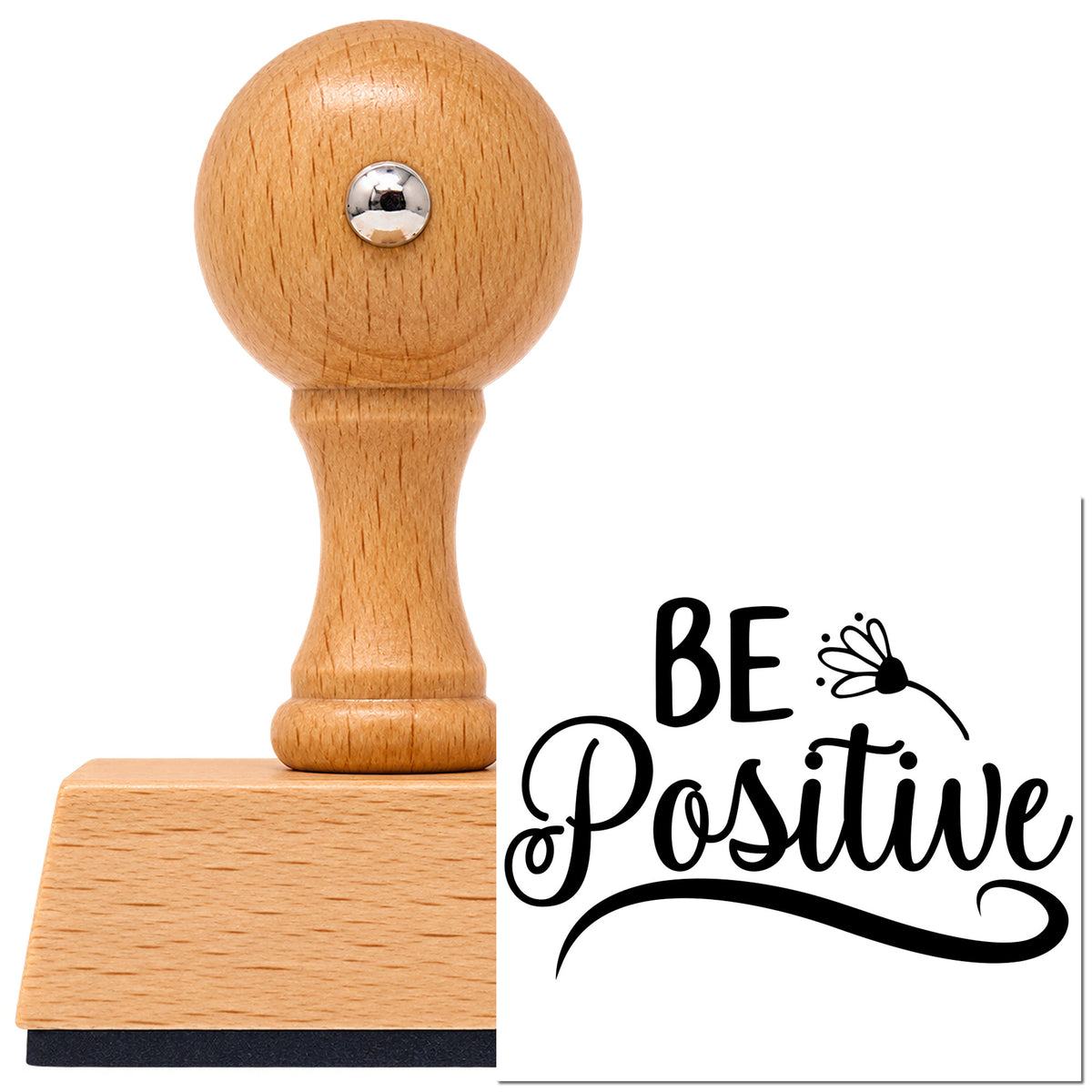 Vintage Pro beech wood stamp with a round knob handle, shown with its black Be Positive Flower Script Lettering imprint on white.