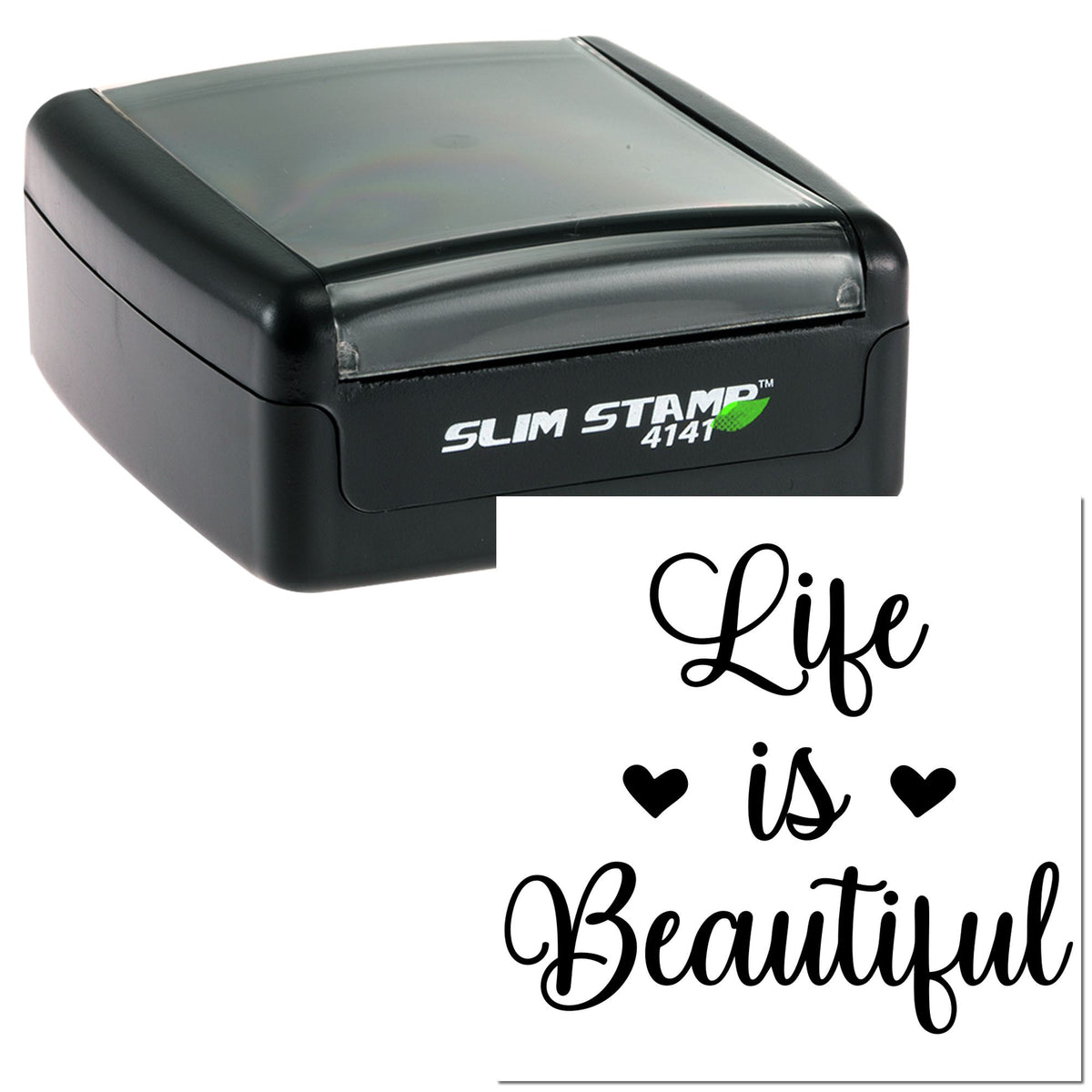 Black self-inking stamp and seal set with clear cover and Life is Beautiful script design.