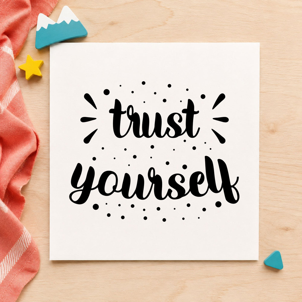 Trust Yourself Dotted Lettering craft stamp imprint in black ink on a handmade project, one idea being sheet music gift tags.