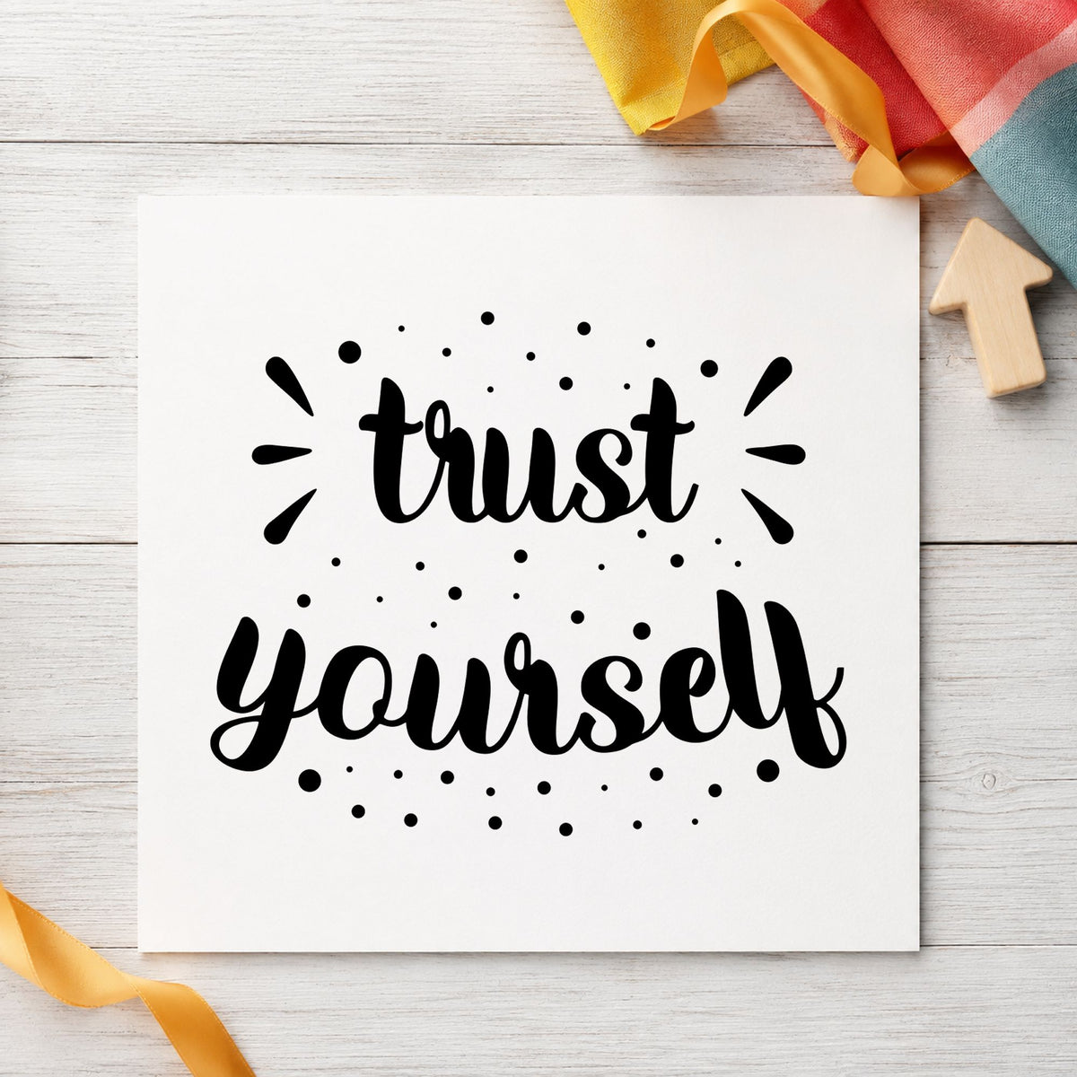Trust Yourself Dotted Lettering rubber stamp printed in black ink, ready for repertoire list sheet and similar paper crafts.