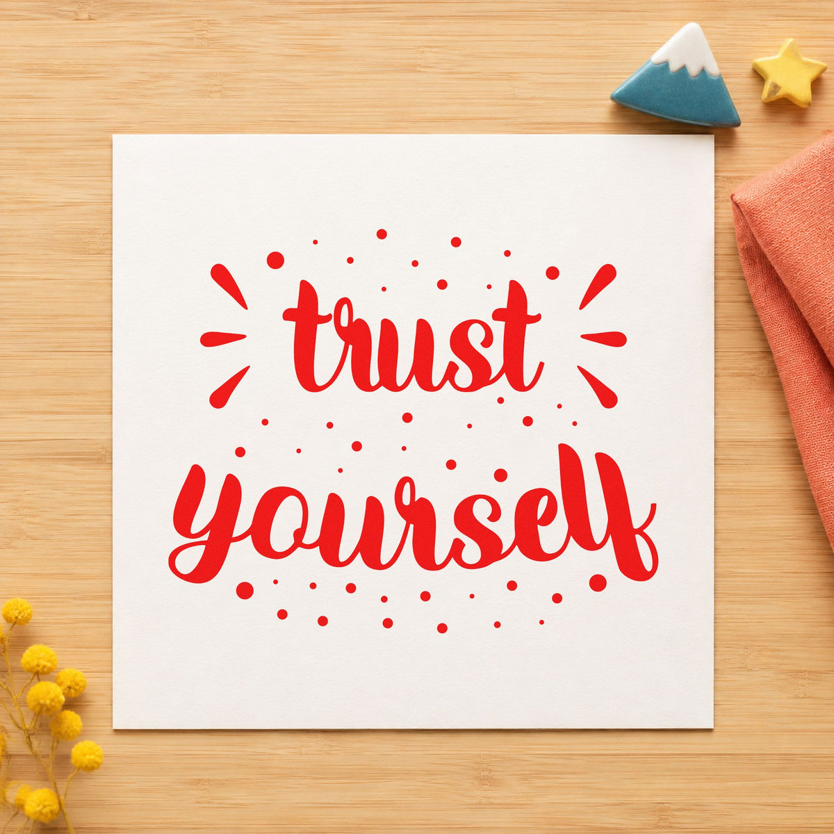 Trust Yourself Dotted Lettering rubber stamp shown in red ink, stamped for projects such as costume rack labels.