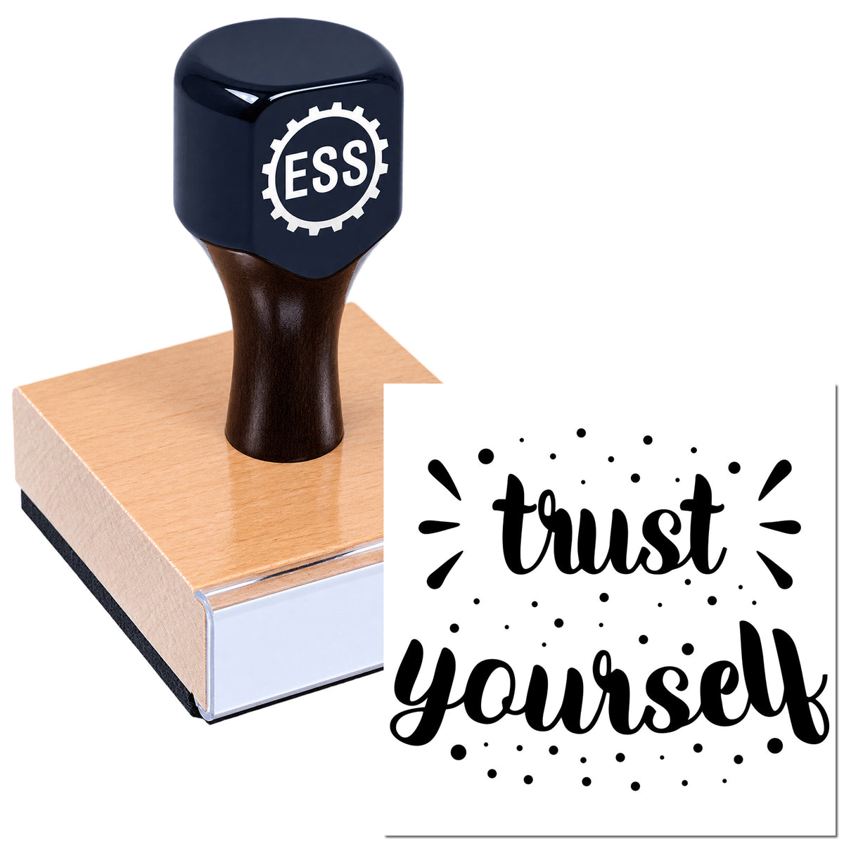 Dark blue ESSI rubber stamp on a pink block, beside a black "trust yourself" seal design.