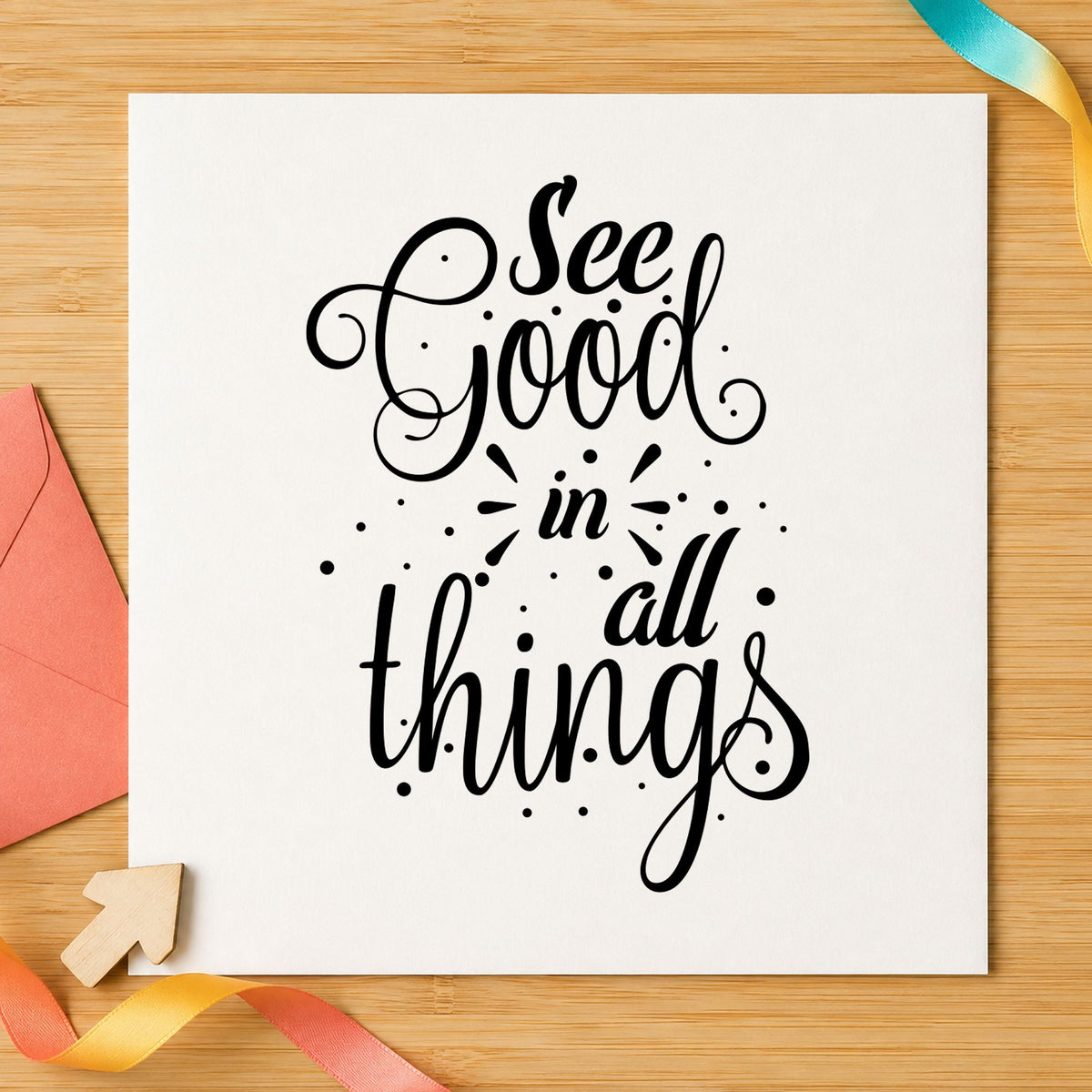 See Good In All Things rubber stamp printed in black ink, ready for three things sheet and similar paper crafts.