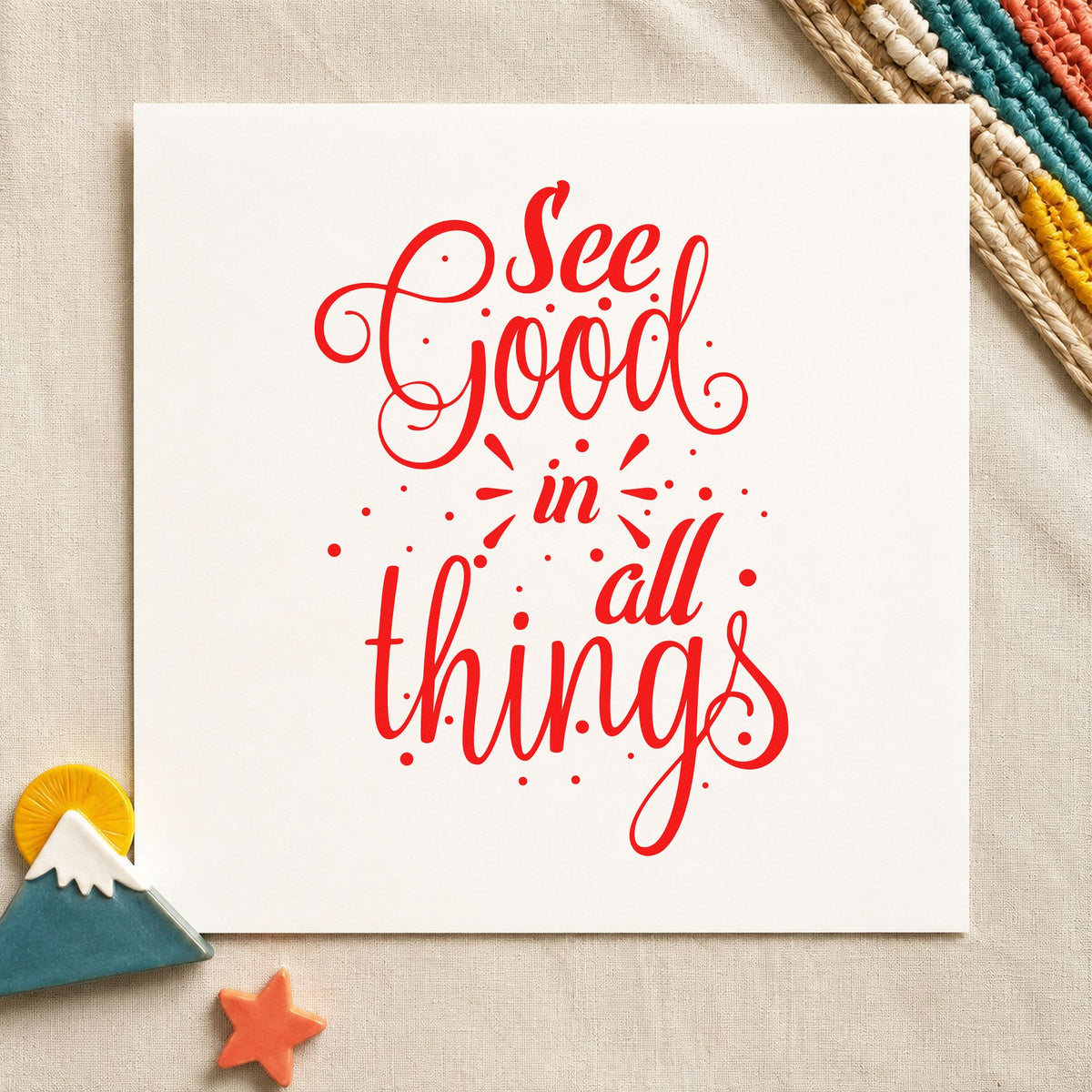 See Good In All Things rubber stamp shown in red ink, stamped for projects such as jar keepsake labels.