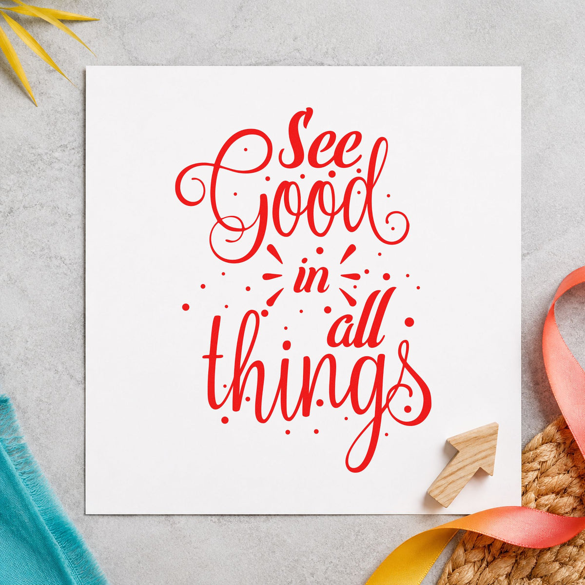 See Good In All Things craft stamp imprint in red ink on a handmade project, one idea being weekly recap cards.