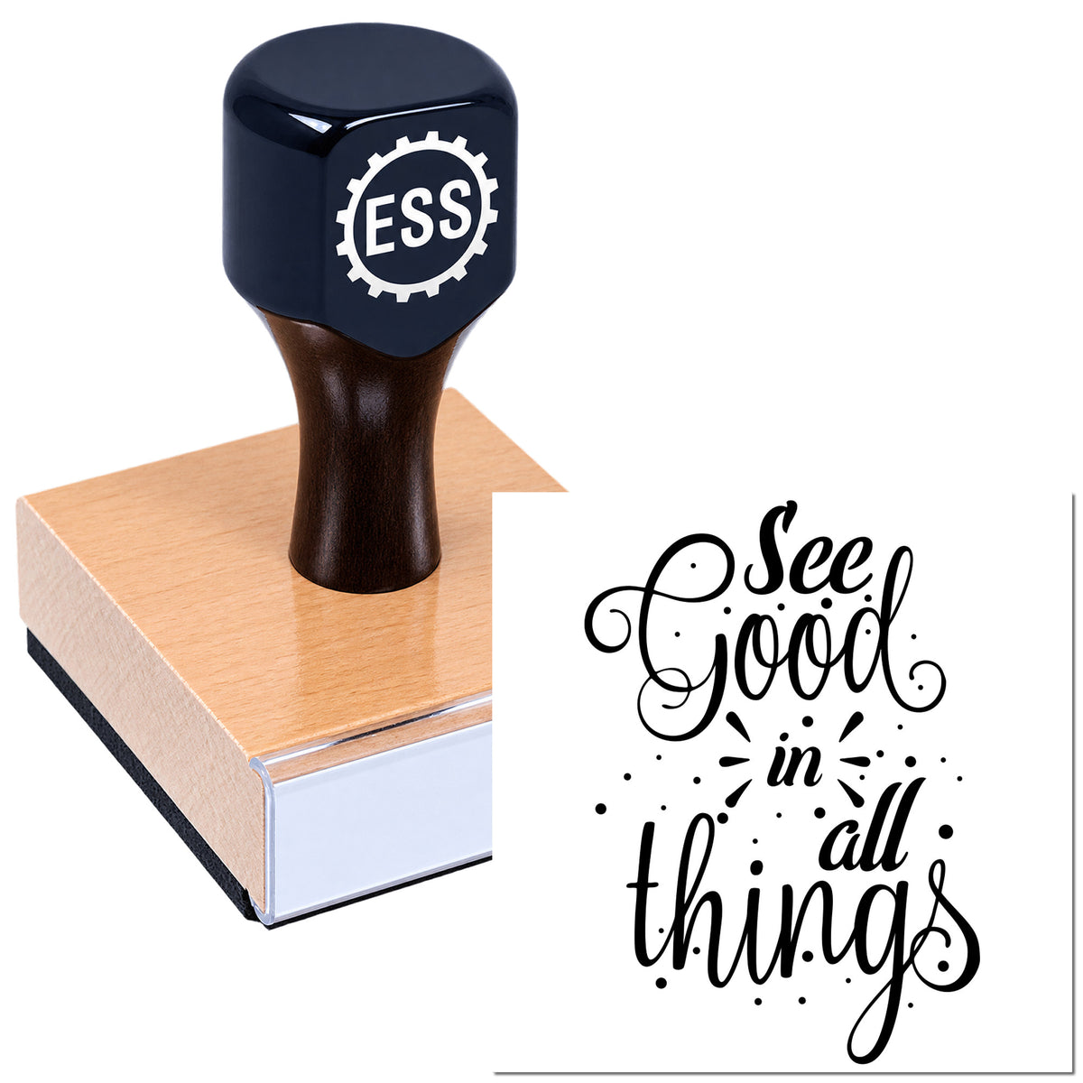 Dark blue custom stamp and seal on peach rubber block, with black "See Good in all things" lettering.