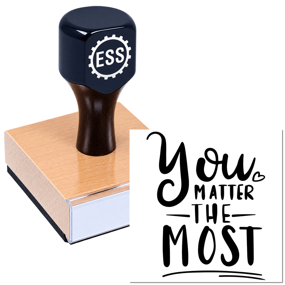 Black ESS stamp and seal on a rose-gold block beside black "You Matter The Most" lettering.