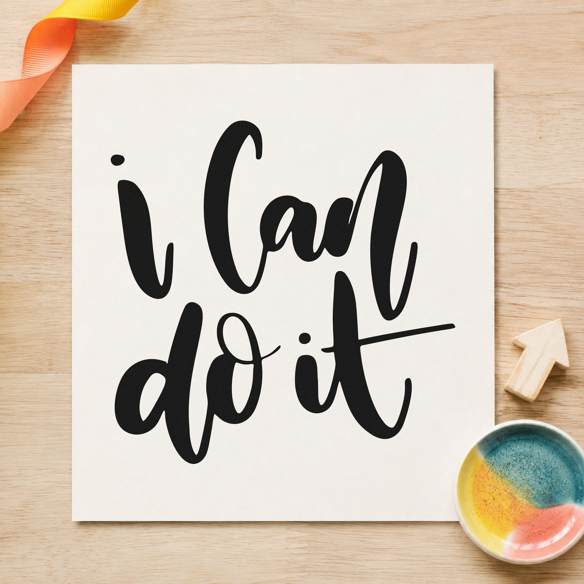 I Can Do It craft stamp imprint in black ink on a handmade project, one idea being pencil case gift tags.