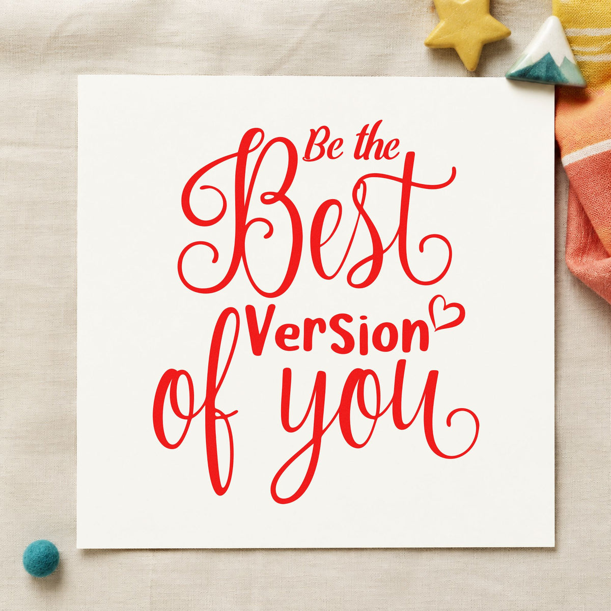 Best Version Of You rubber stamp shown in red ink, stamped for projects such as drawer file labels.