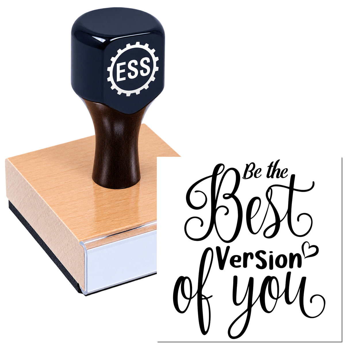 Black ESS gear-logo stamp pressed on a pink seal pad, beside black script reading "Be the Best Version of you".