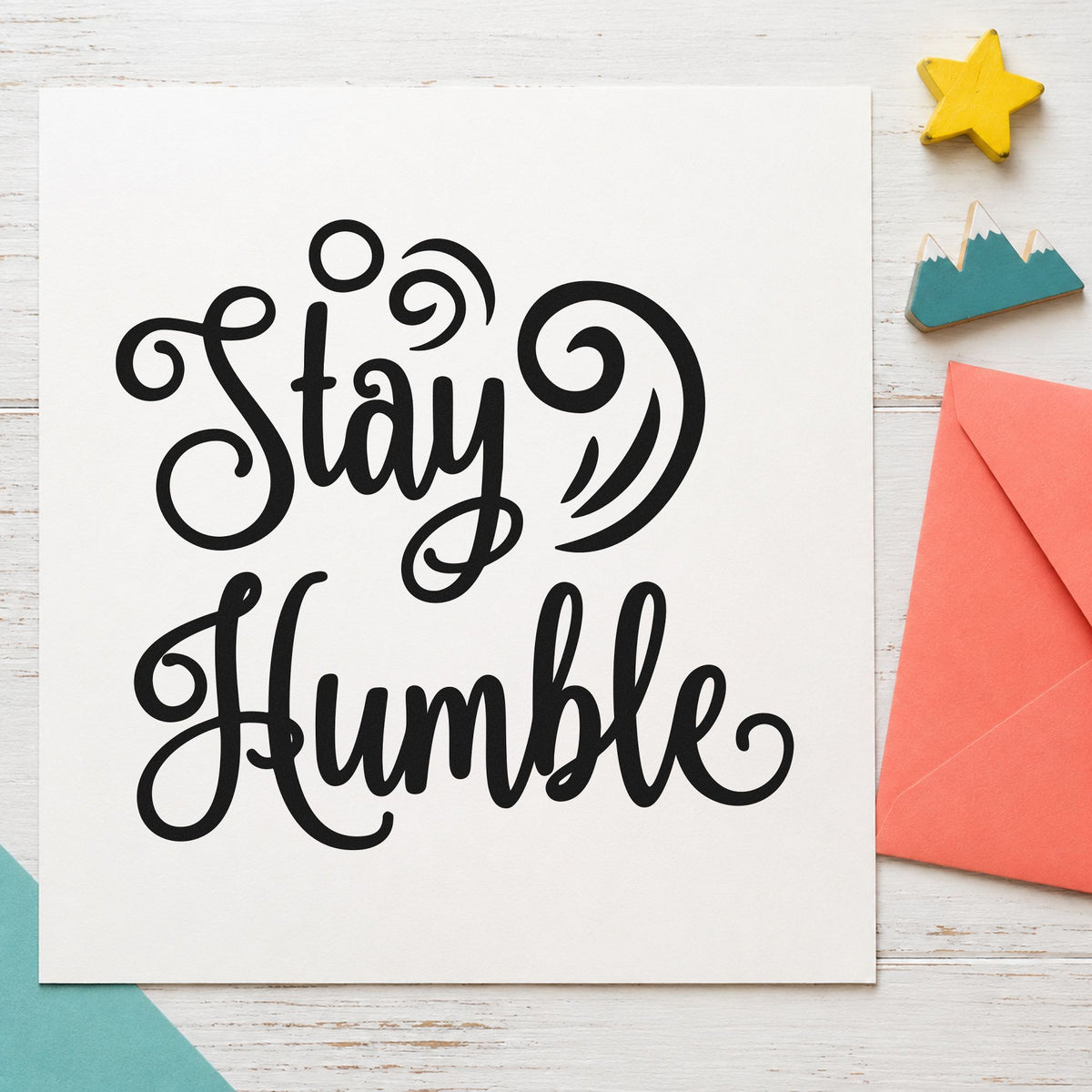 Stay Humble Decorative Swirls craft stamp imprint in black ink on a handmade project, one idea being tool gift tags.