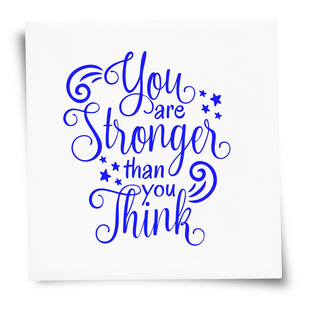 Stronger Than You Think rubber stamp shown in blue ink, stamped for projects such as distance album page.