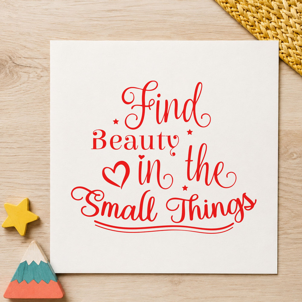 Find Beauty In Small Things craft stamp imprint in red ink on a handmade project, one idea being sketch prompt cards.
