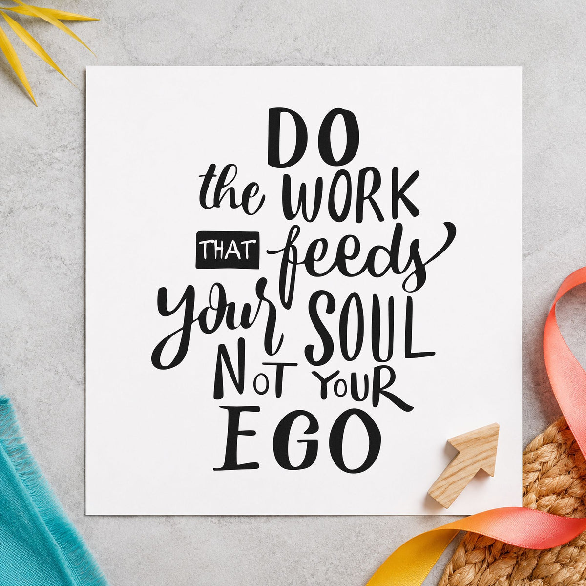 Work That Feeds Your Soul craft stamp imprint in black ink on a handmade project, one idea being print bundle gift tags.