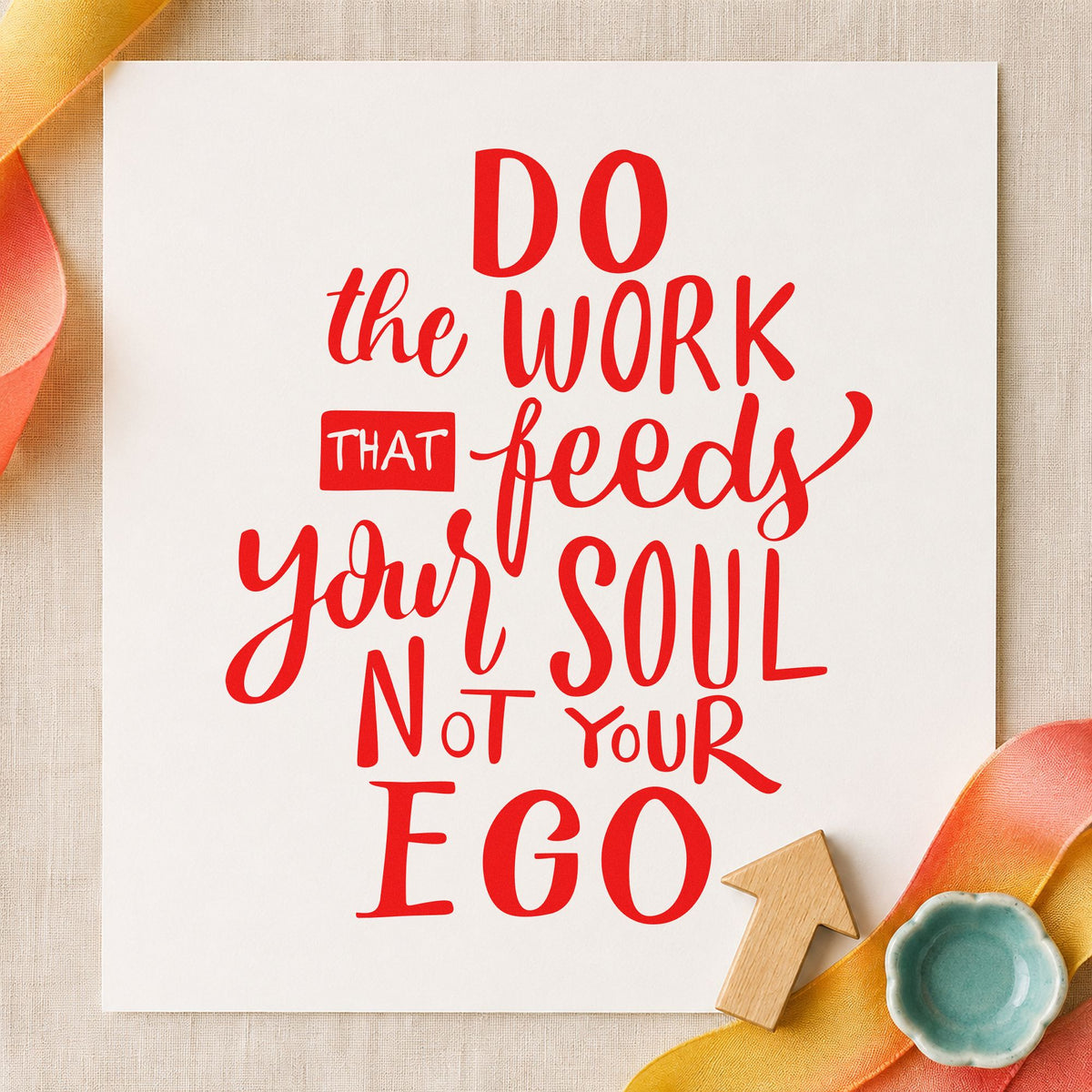 Work That Feeds Your Soul rubber stamp shown in red ink, stamped for projects such as bin medium labels.