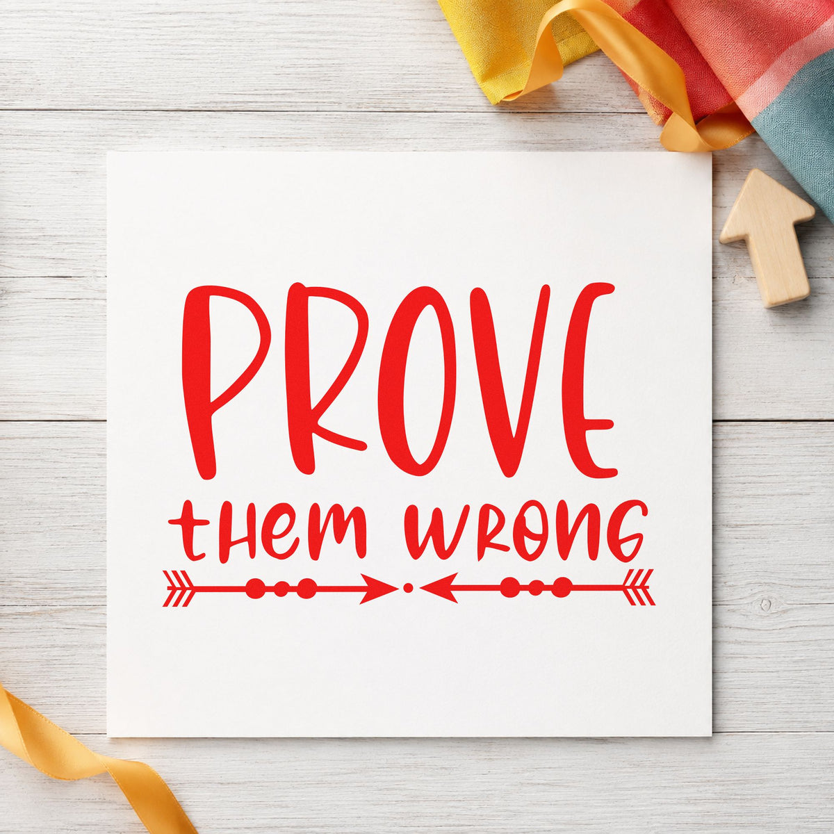 Prove Them Wrong Arrows craft stamp imprint in red ink on a handmade project, one idea being bracket slip cards.