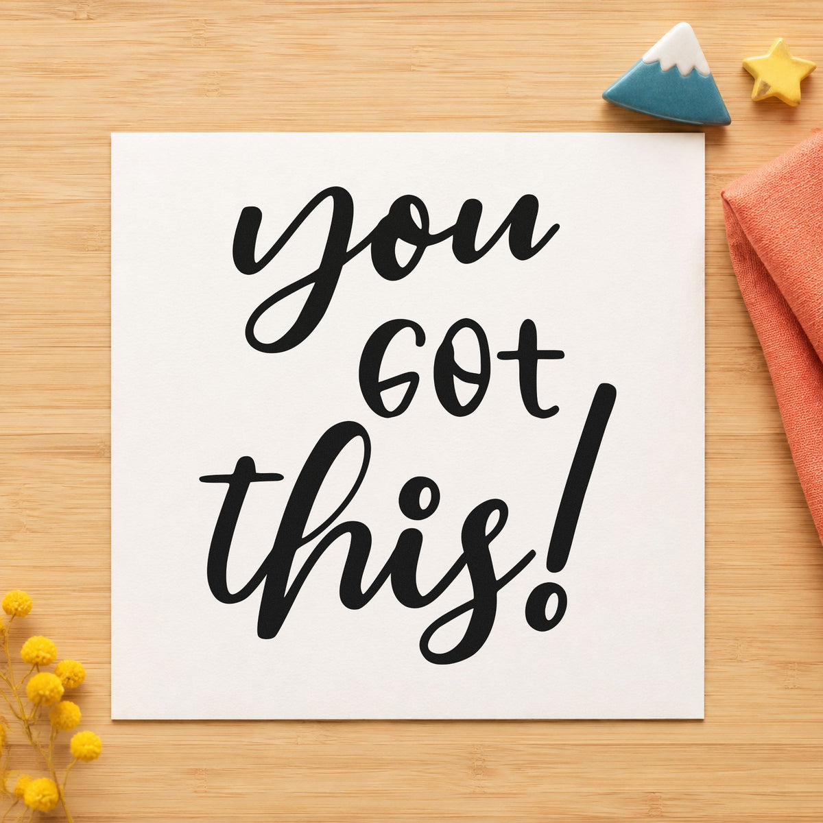 You Got This Script craft stamp imprint in black ink on a handmade project, one idea being snack pack gift tags.