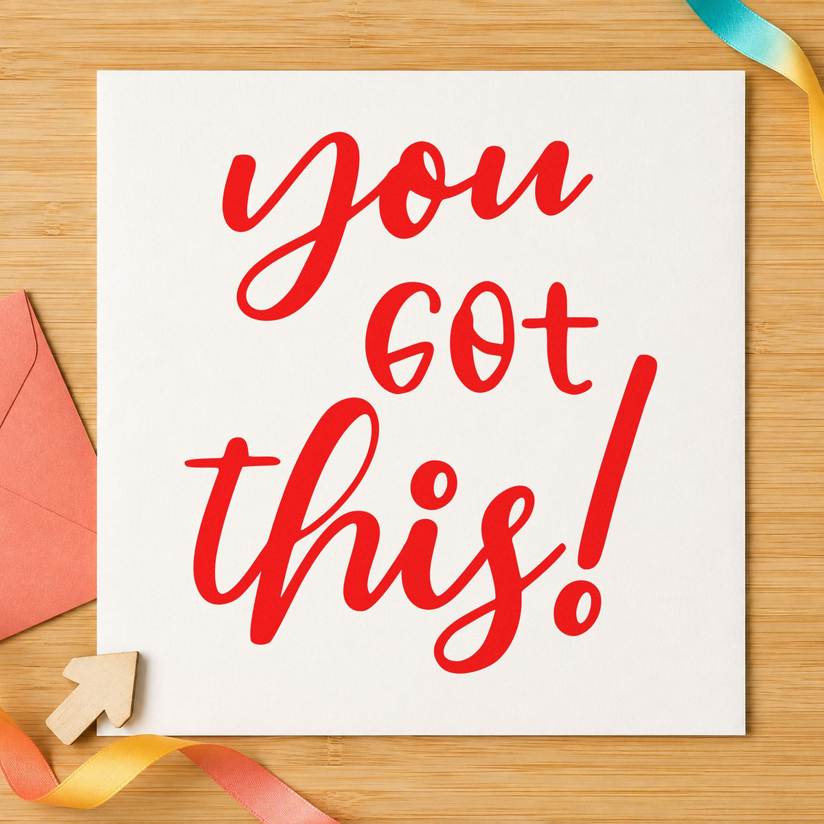 You Got This Script craft stamp imprint in red ink on a handmade project, one idea being topic quiz cards.