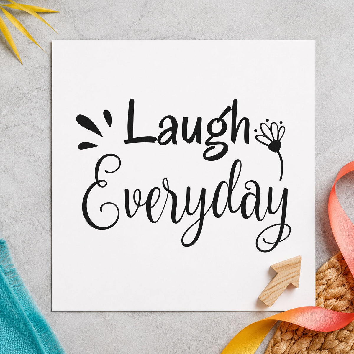 Laugh Every Day Flower rubber stamp printed in black ink, ready for weekly funny sheet and similar paper crafts.