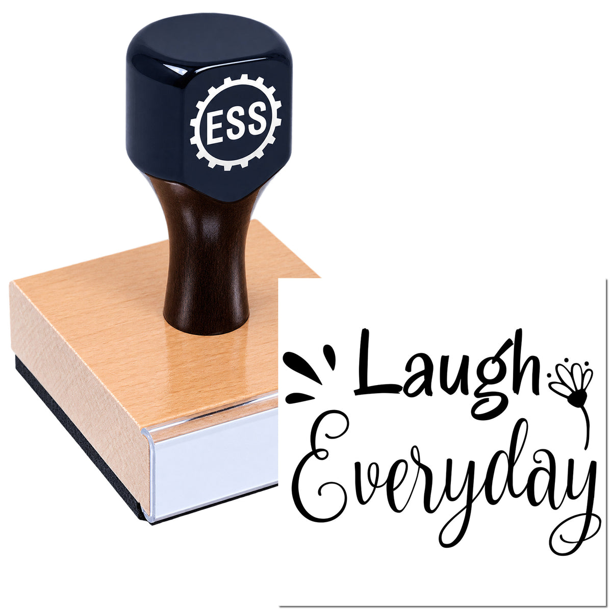 Black custom stamp and seal with ESS logo on wooden base, beside "Laugh Everyday" script in black on white.