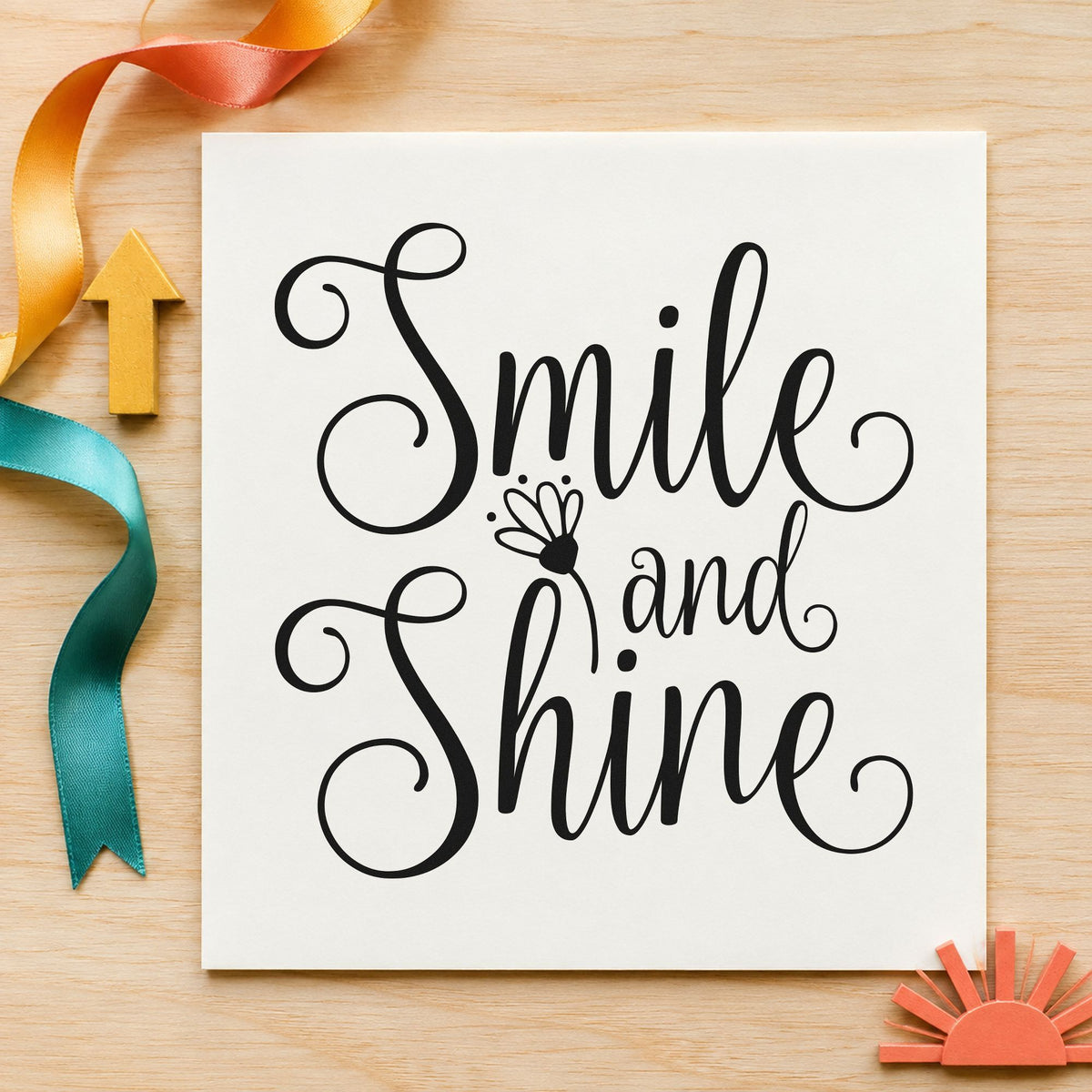 Smile And Shine Flower craft stamp imprint in black ink on a handmade project, one idea being product bag gift tags.