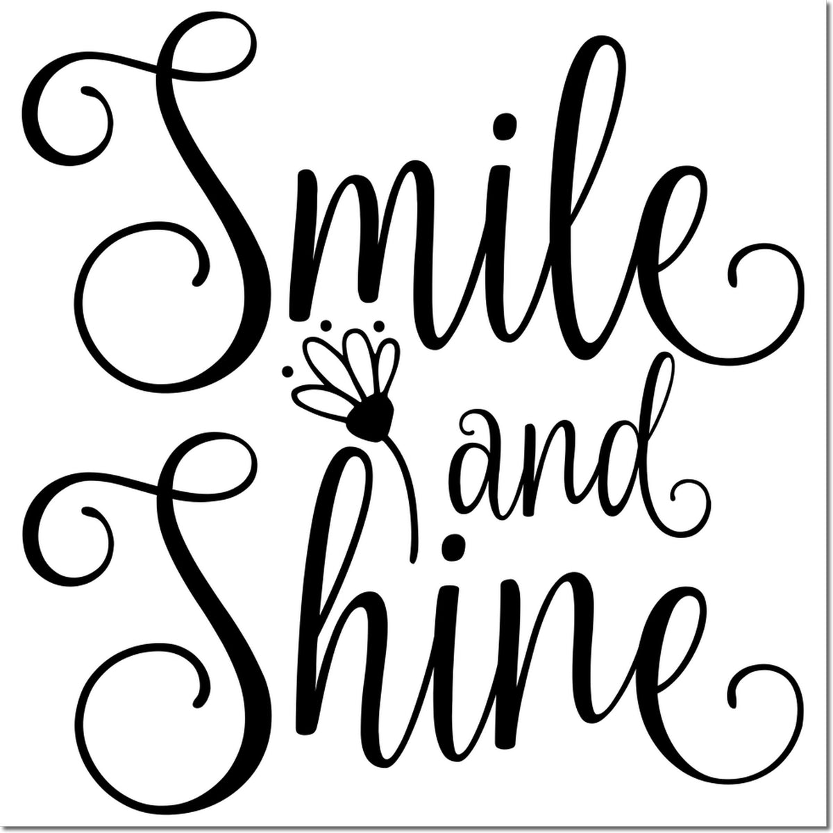 Black decorative stamp design reading Smile and Shine with a small bee accent on a white background.