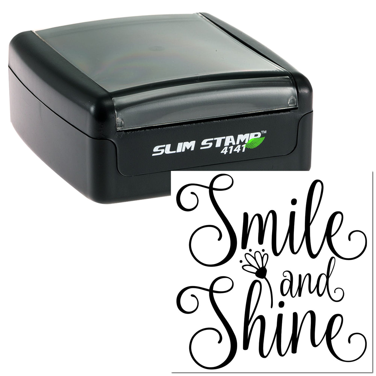 Black self-inking stamp with clear lid and Smile and Shine script seal design