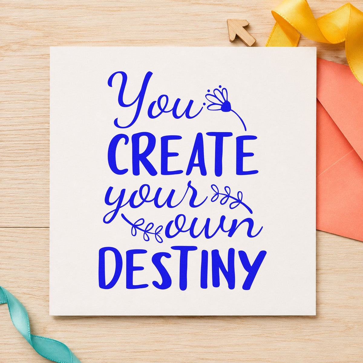 Create Your Own Destiny craft stamp in blue ink on cardstock, an easy option for grad stole printing.