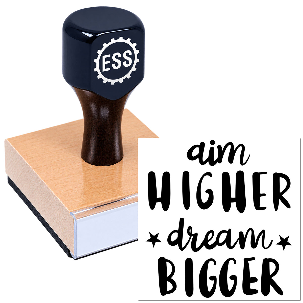 Dark blue self-inking stamp and wood seal block with "aim higher dream bigger" text on a white background.