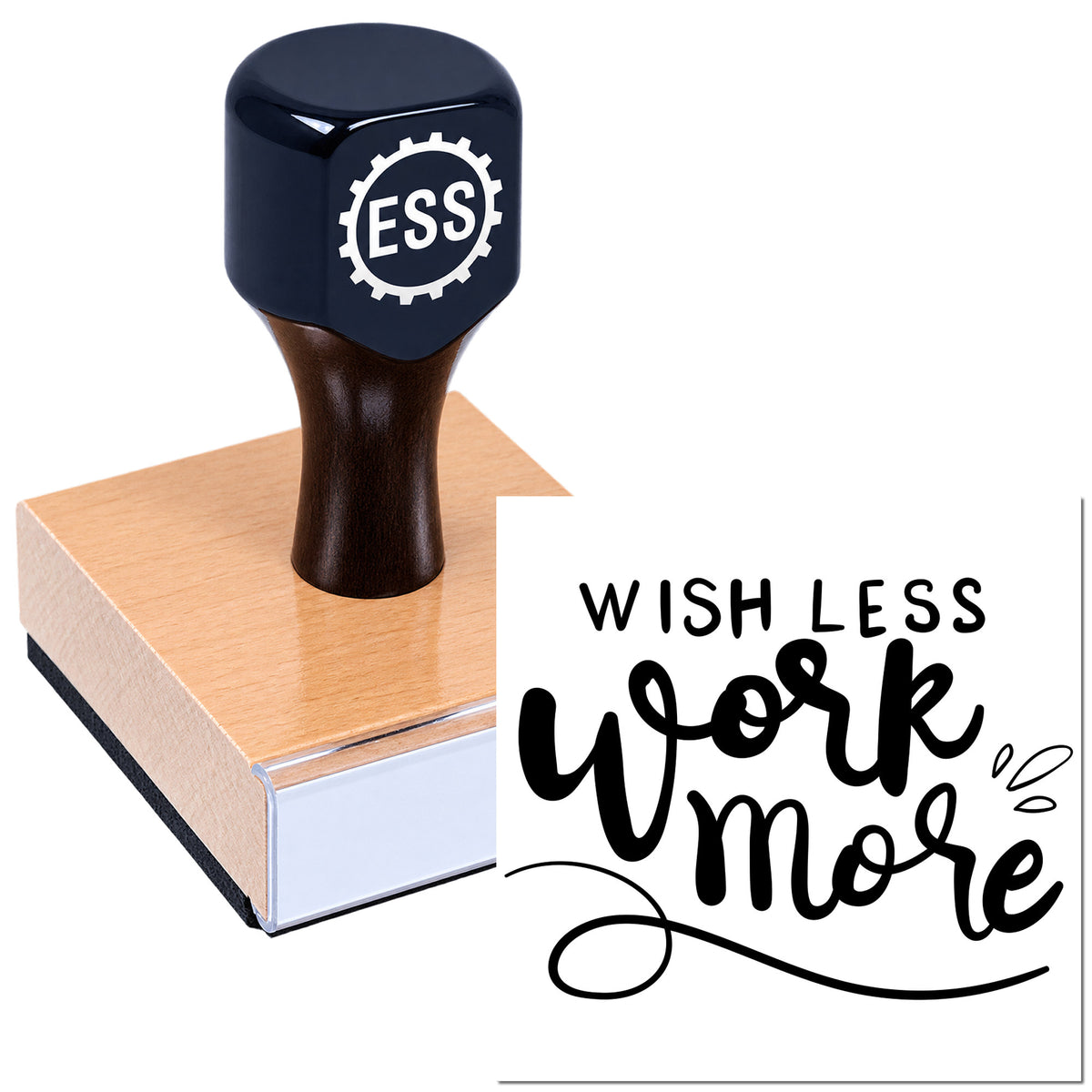 Navy rubber stamp and seal with copper wood base, ESS logo, and black "Wish less work more" text.