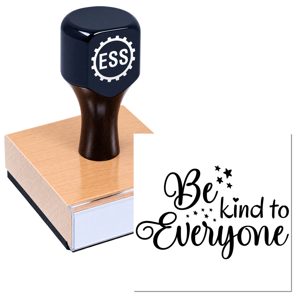 Black rubber stamp with ESS logo on a wooden base beside a white seal reading "Be kind to Everyone" in black script and stars.