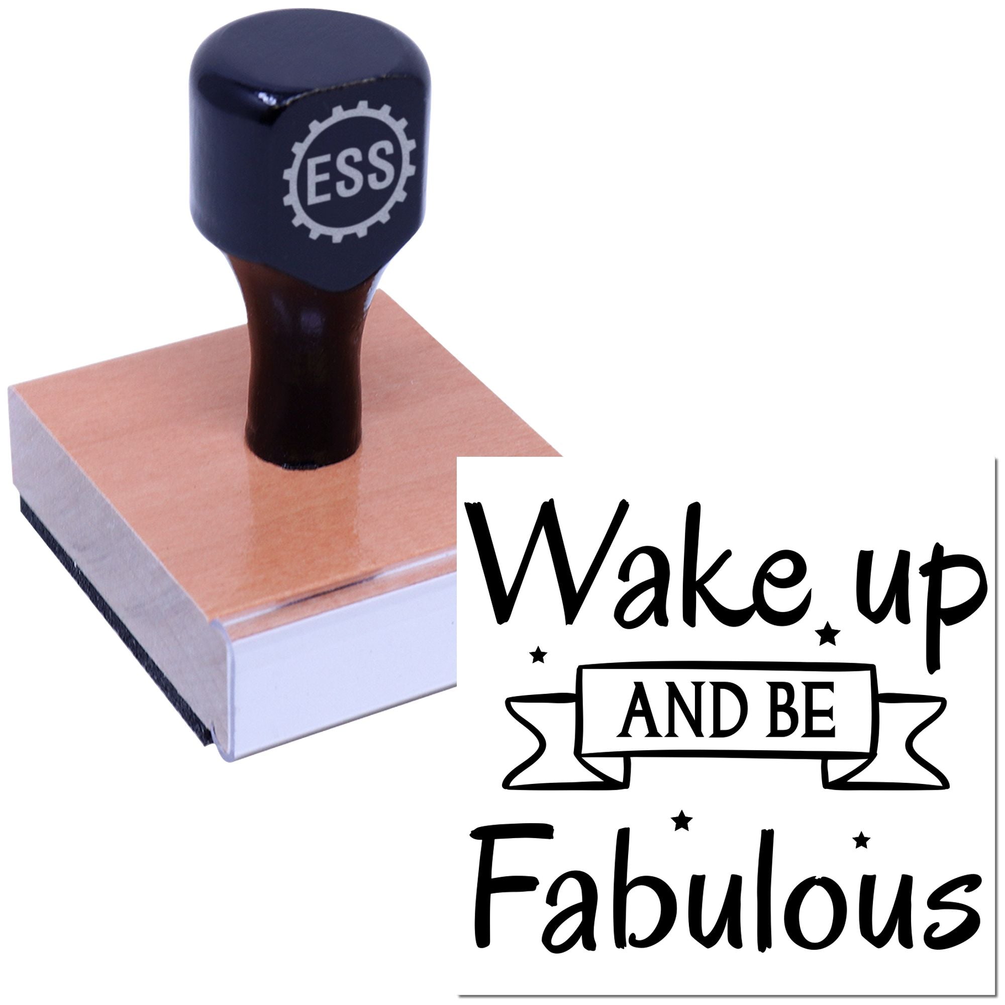 Dark navy ESS stamp on pink wood block beside black Wake up and be Fabulous seal design on white background.