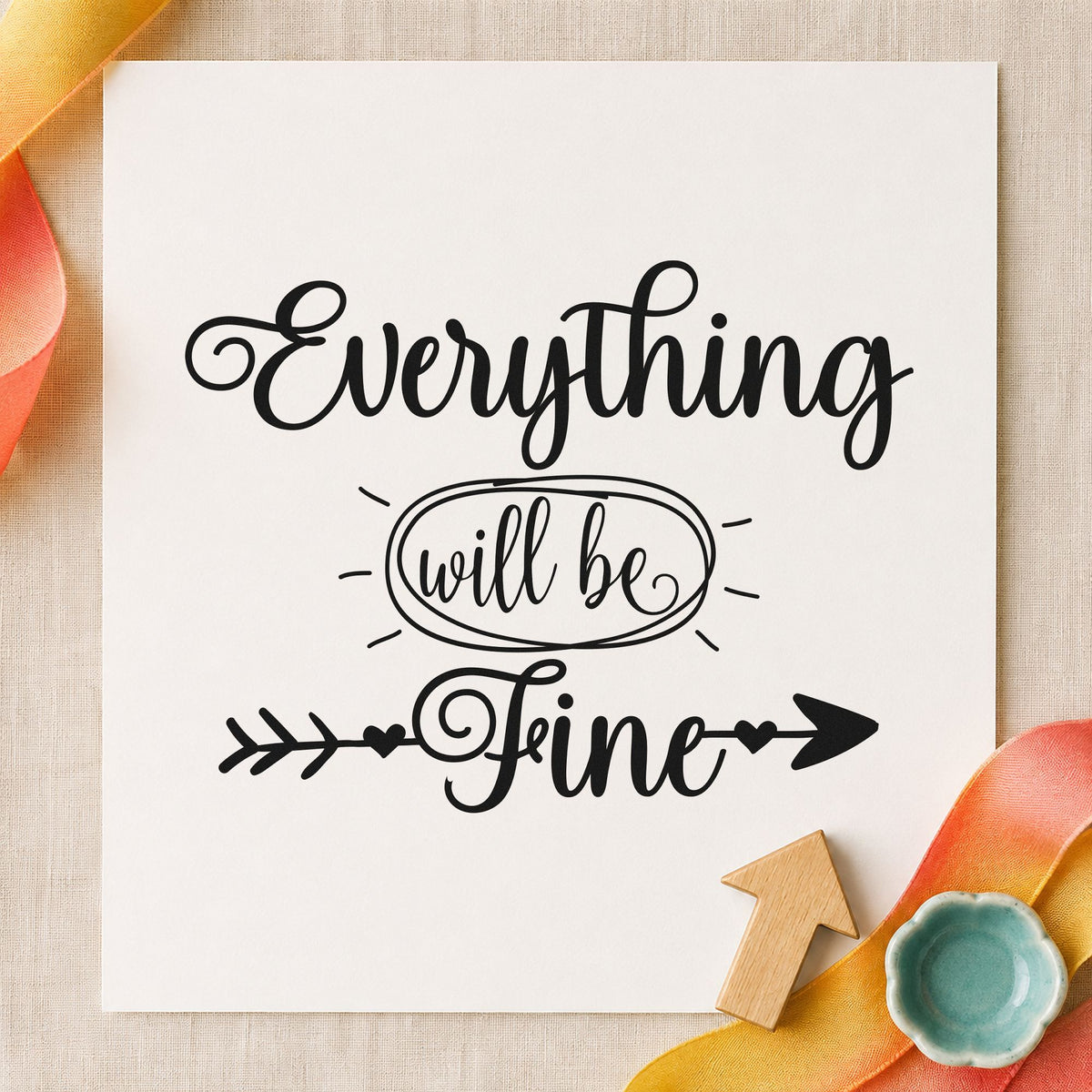 Everything Will Be Fine craft stamp imprint in black ink on a handmade project, one idea being baby bundle gift tags.