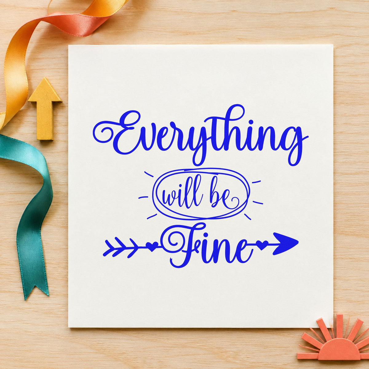 Everything Will Be Fine craft stamp imprinted in blue ink on paper, a design suited to framed nursery wall.