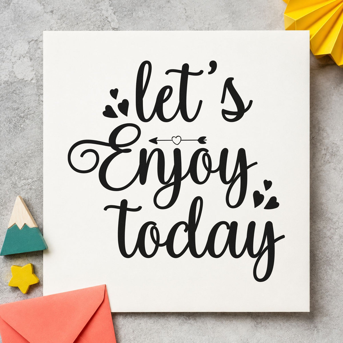 Let's Enjoy Today Hearts craft stamp imprint in black ink on a handmade project, one idea being picnic basket tags.