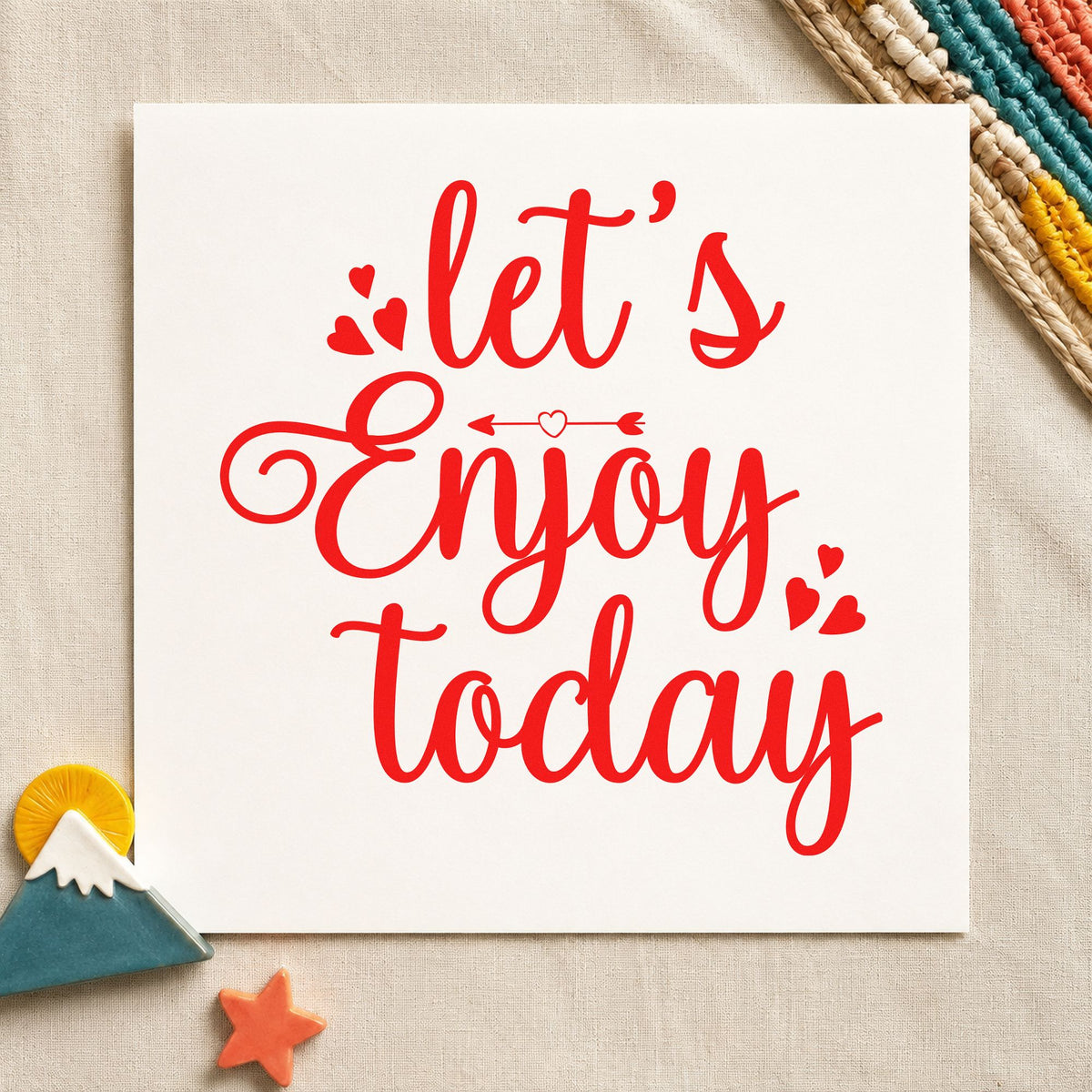 Let's Enjoy Today Hearts rubber stamp shown in red ink, stamped for projects such as cooler food labels.