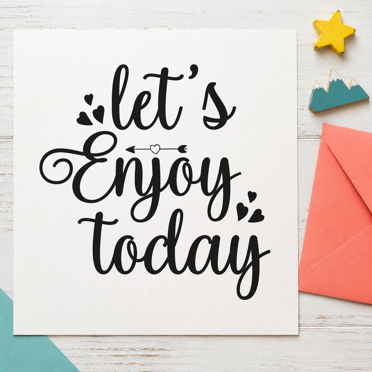 Let's Enjoy Today Hearts rubber stamp printed in black ink, ready for arrow divider cards and similar paper crafts.