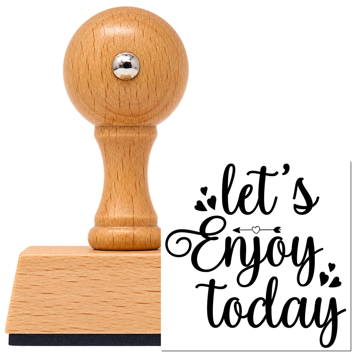 Vintage Pro beech wood stamp with a round knob handle, shown with its black Let's Enjoy Today imprint on white.