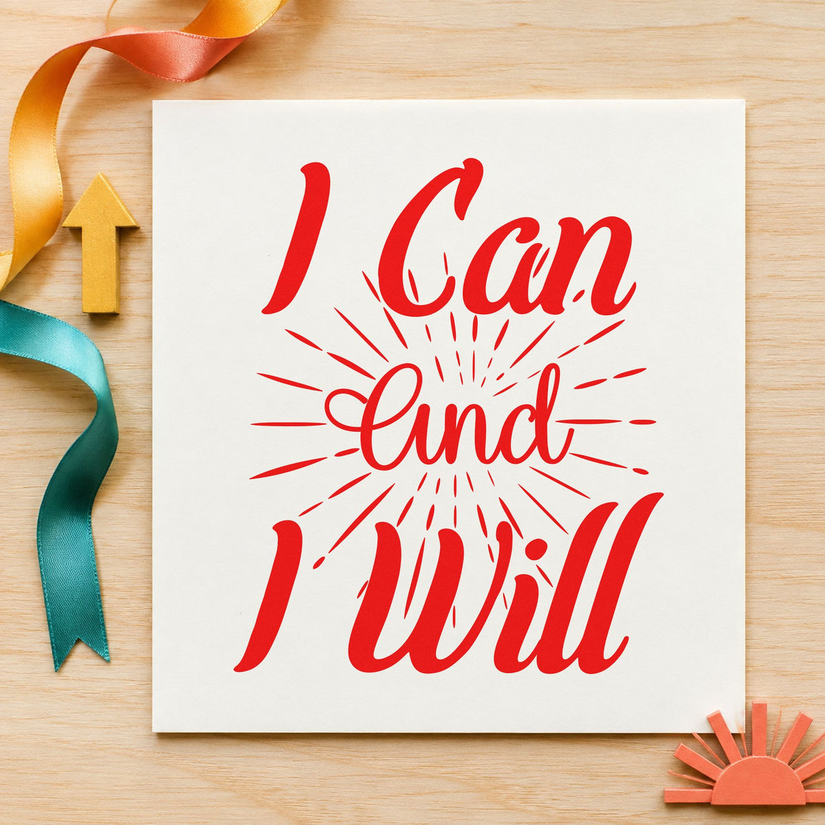 I Can And I Will rubber stamp shown in red ink, stamped for projects such as crate gear labels.
