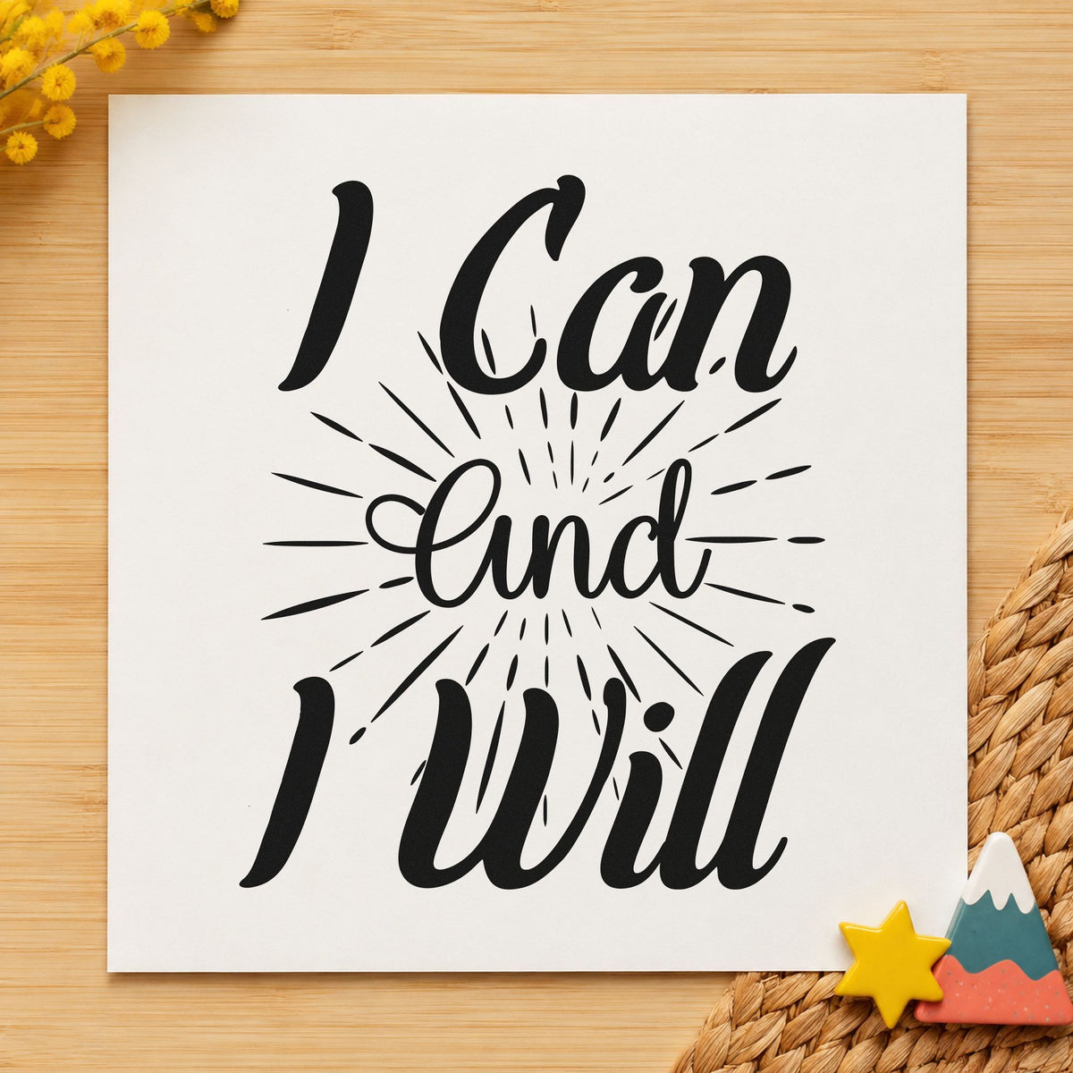 I Can And I Will rubber stamp printed in black ink, ready for radiating burst cards and similar paper crafts.