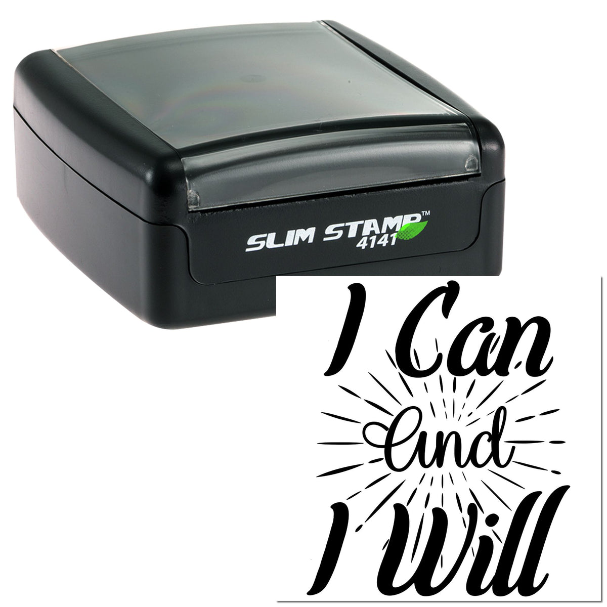 Black self-inking Slim Stamp 4141 with gray lid and I can and I will calligraphy seal.