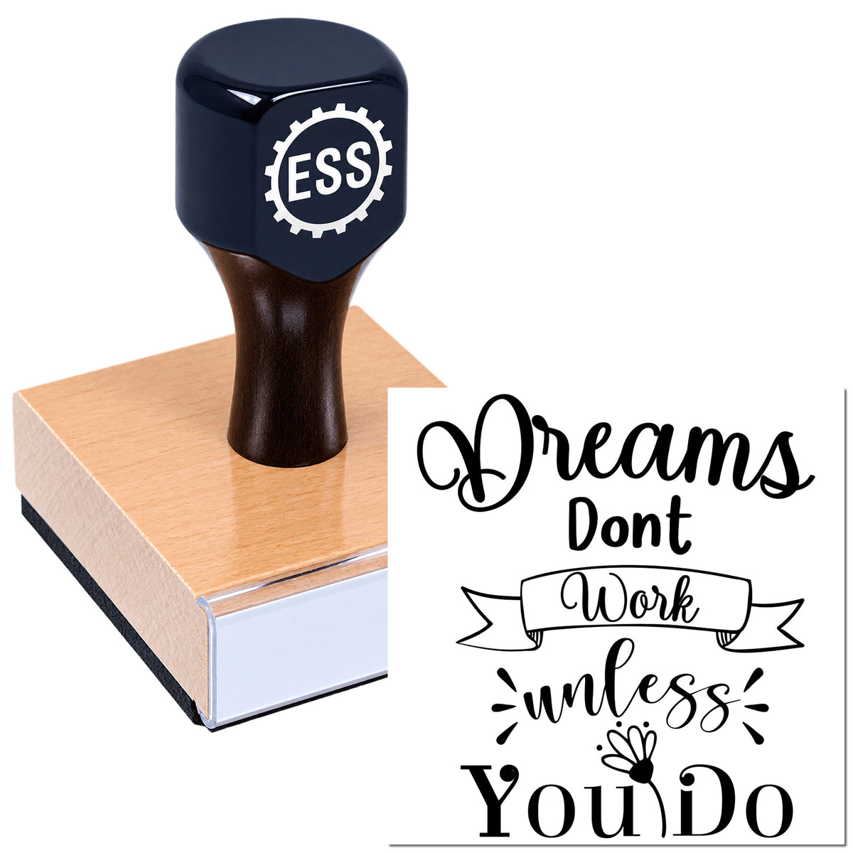 Navy ESS stamp and seal with pink base and motivational "Dreams Don't Work Unless You Do" design.