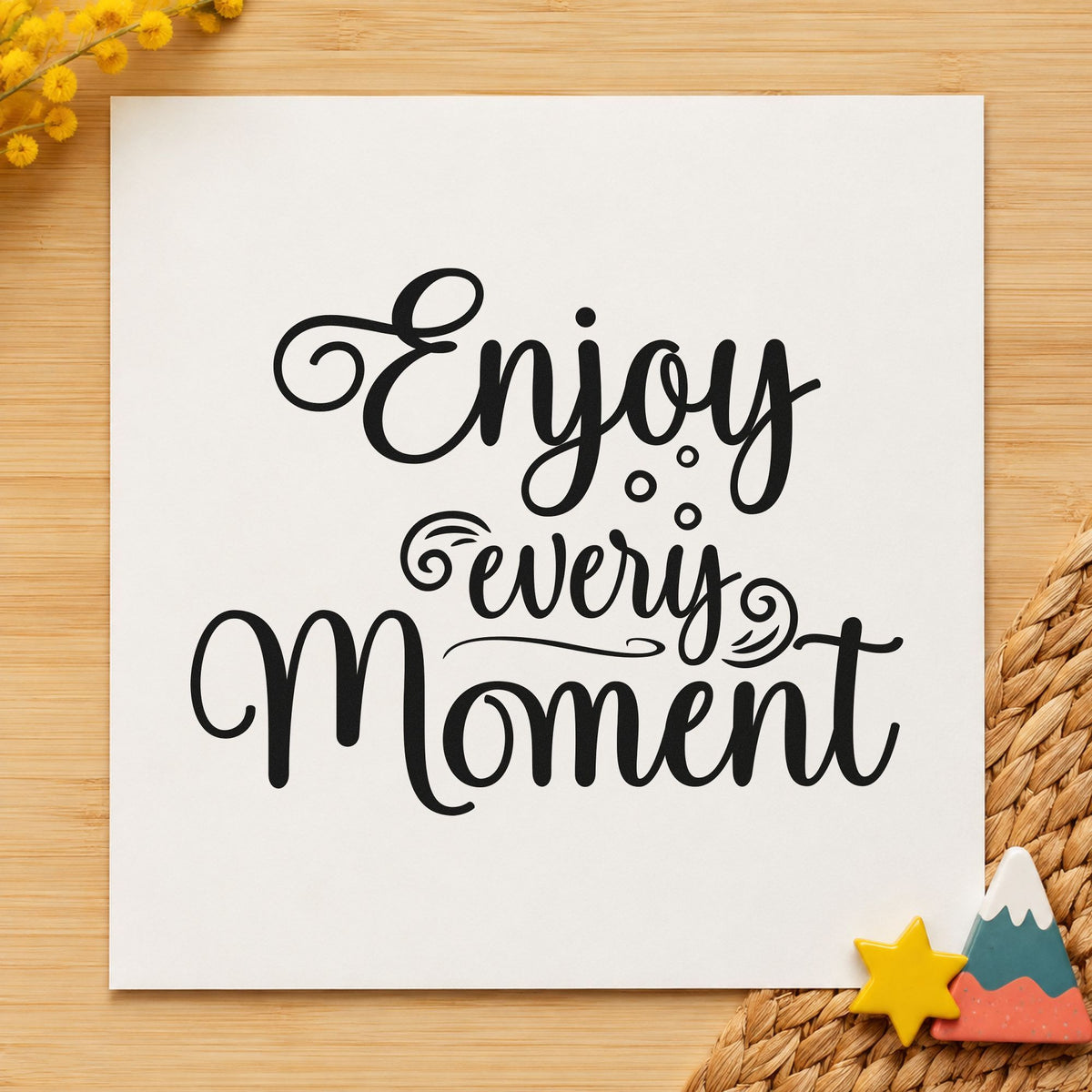 Enjoy Every Moment Flourishes craft stamp in black ink on cardstock, an easy option for wedding album page.